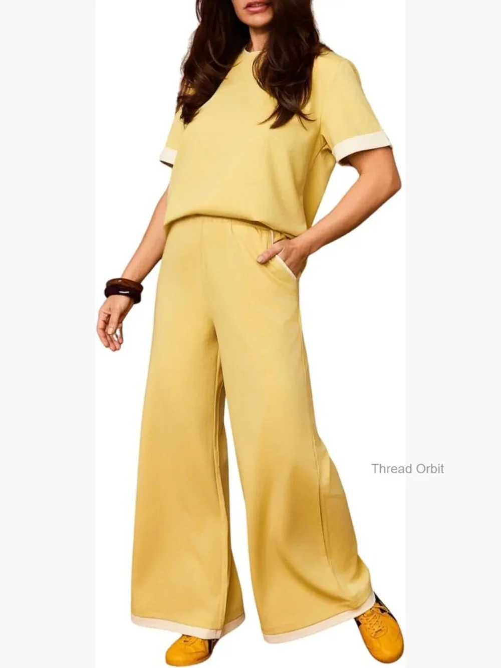 2 Piece Lounge Set Short Sleeve Pullover Top Wide Leg Pants Tracksuit